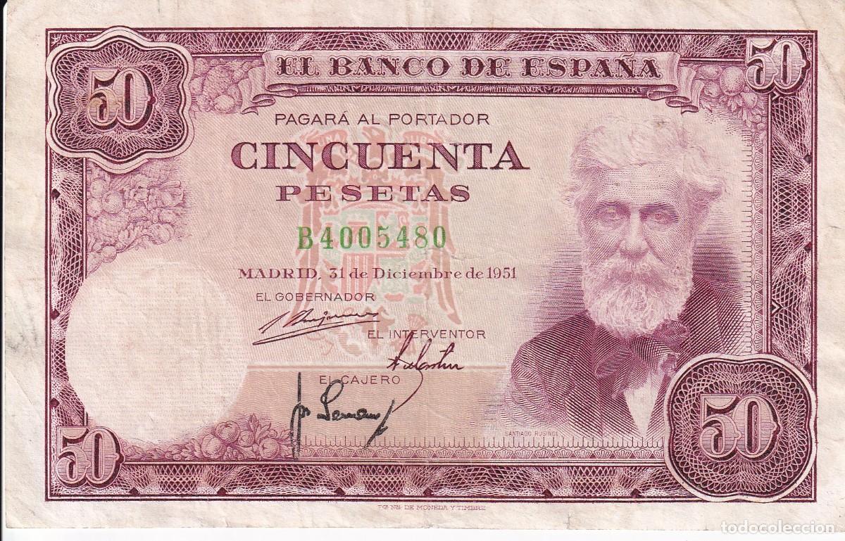 Billetes espa&ntilde;oles: BILLETE DE 50 PESETAS DEL A&Ntilde;O 1951 DE SANTIAGO RUSI&Ntilde;OL SERIE B