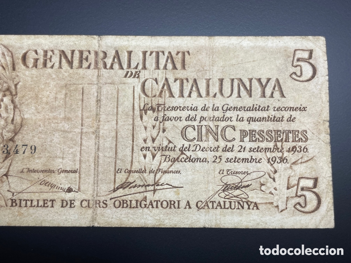 Billetes espa&ntilde;oles: 5 PESETAS GENERALITAT CATALU&Ntilde;A 1936 - Foto 2