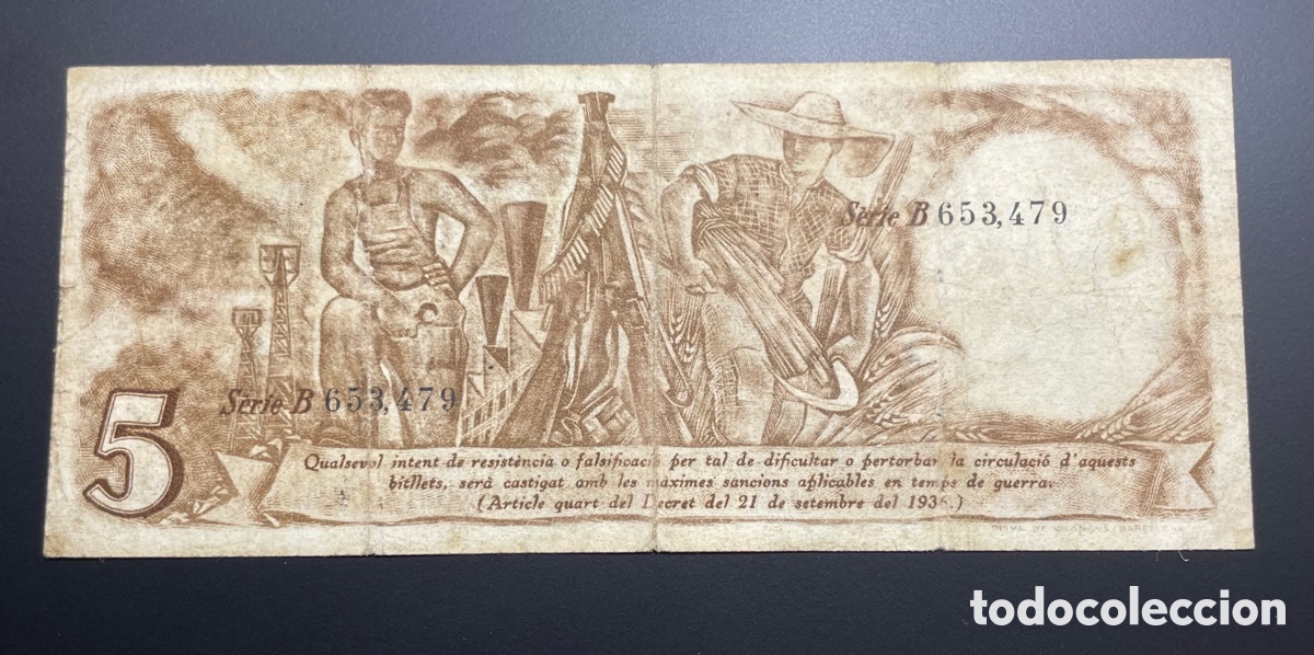 Billetes espa&ntilde;oles: 5 PESETAS GENERALITAT CATALU&Ntilde;A 1936 - Foto 3