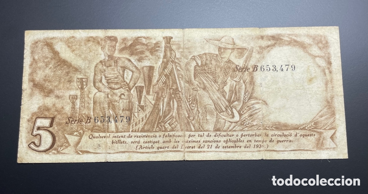 Billetes espa&ntilde;oles: 5 PESETAS GENERALITAT CATALU&Ntilde;A 1936 - Foto 4