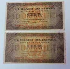 Billetes españoles: PAREJA CORRELATIVA DE BILLETES DE 100 PESETAS DEL 20 DE MAYO DE 1938 BANCO ESPAÑA BURGOS EN EBC