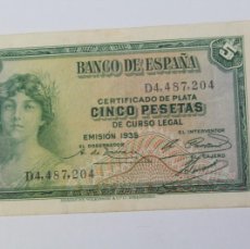 Billetes españoles: BILLETE DE CINCO PESETAS EMISIÓN 1935 REPUBLICA ESPAÑOLA CON SERIE EN EBC