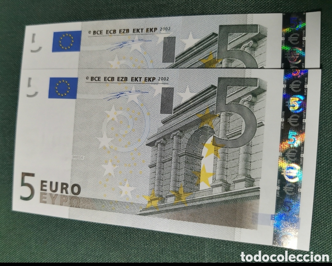 Spanische Banknoten: 5 EURO M003J6 2002 ESPA&Ntilde;A DUISENBERG PAREJA CORRELATIVA SIN CIRCULAR PLANCHA