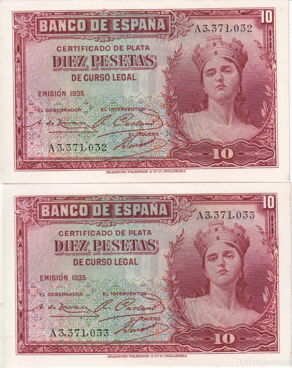Billetes espa&ntilde;oles: PAREJA CORRELATIVA DE 10 PESETAS DEL A&Ntilde;O 1935 SERIE A SIN CIRCULAR (SC) CERTIFICADO DE PLATA