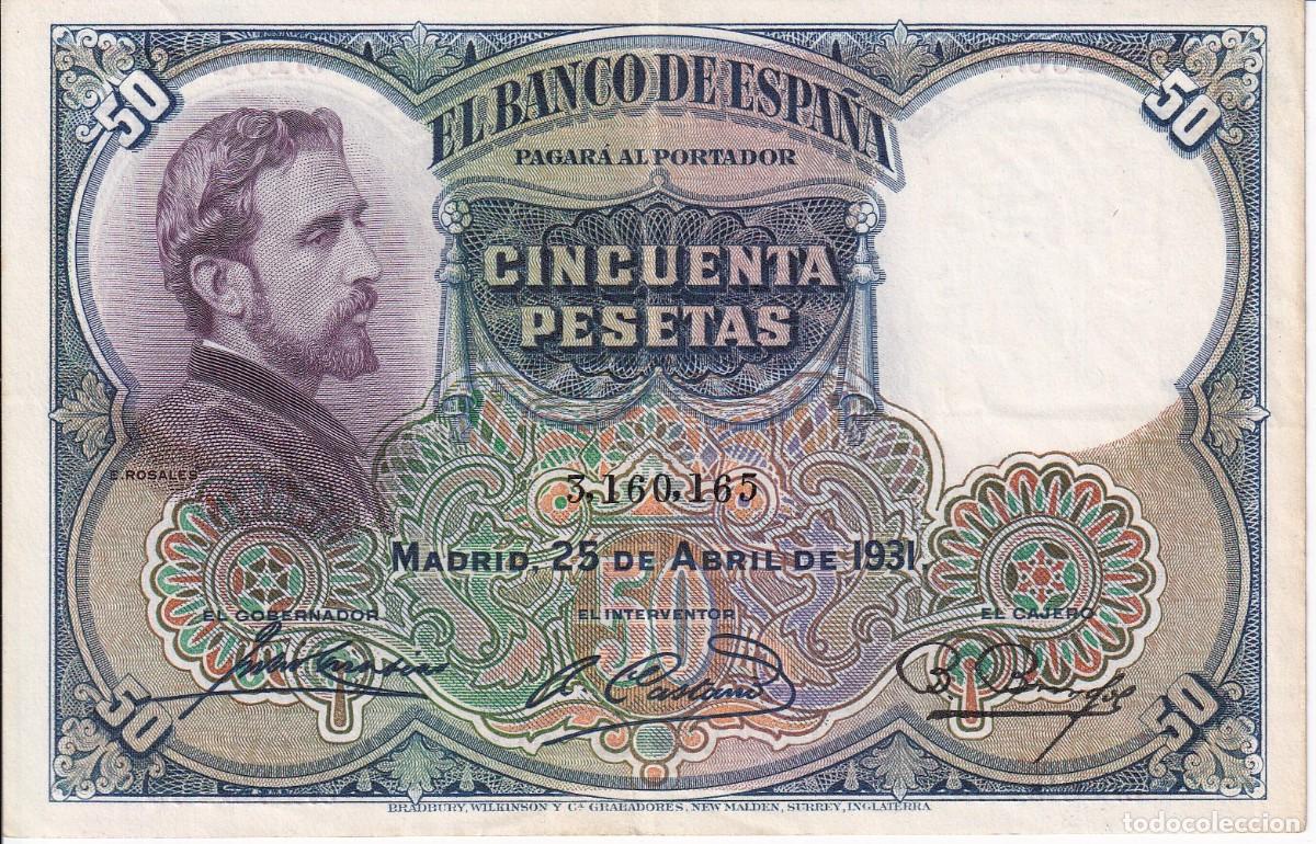 Notas espanholas: BILLETE DE 50 PESETAS DEL A&Ntilde;O 1931 DE E. ROSALES SIN SERIE EN CALIDAD EBC