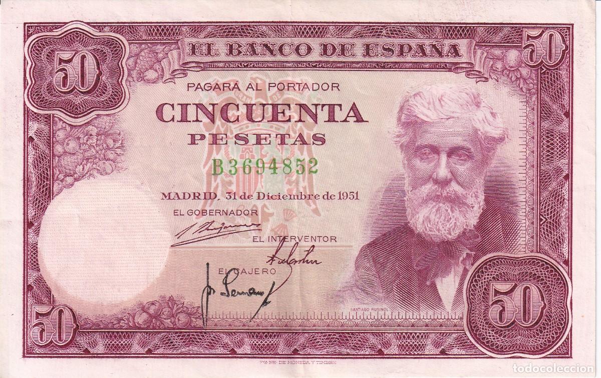 Billetes espa&ntilde;oles: BILLETE DE 50 PESETAS DEL A&Ntilde;O 1951 DE SANTIAGO RUSI&Ntilde;OL SERIE B EN BUENA CALIDAD