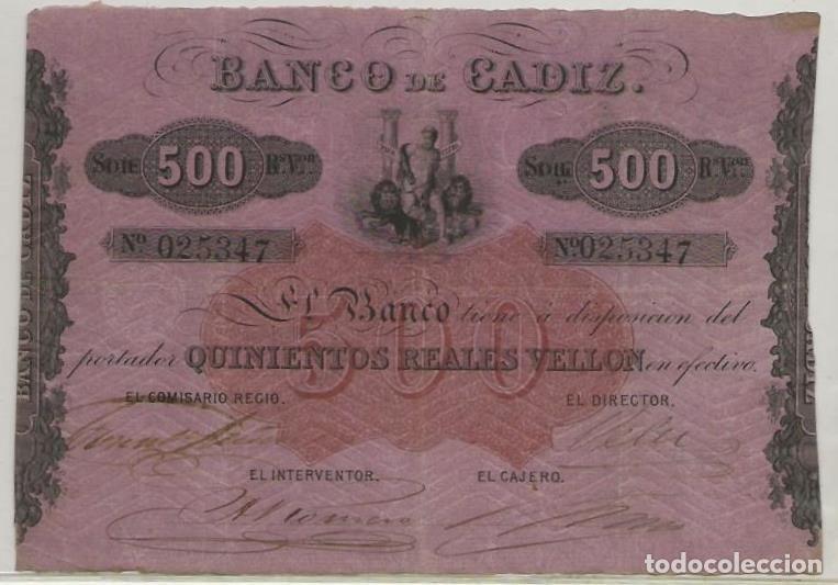 Billetes espa&ntilde;oles: BILLETE 500 RS DE VELLON, BCO. DE CADIZ - Foto 1