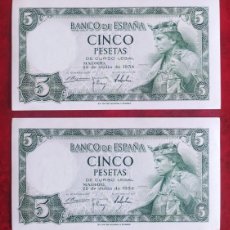 Billetes españoles: PAREJA CORRELATIVA 5 PESETAS 1954 SERIE U (SC) UNC