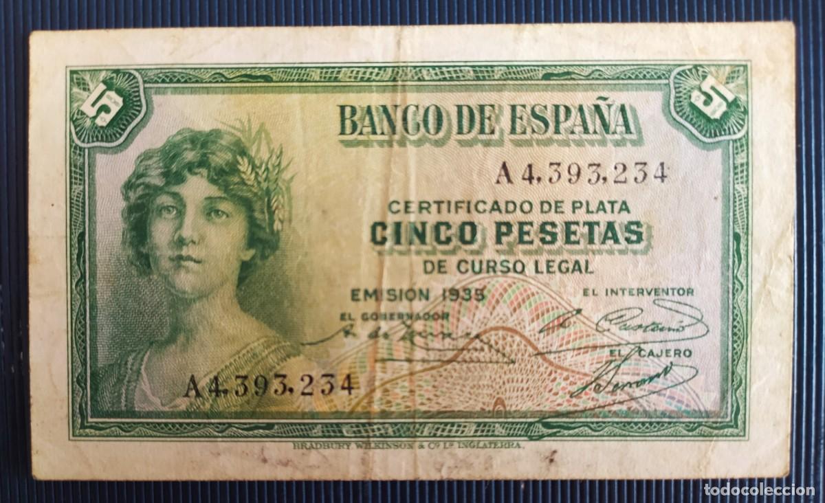 Billetes espa&ntilde;oles: 5 pesetas 1935 serie A (MBC)