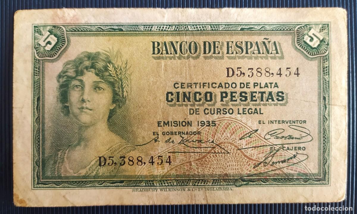 Billetes espa&ntilde;oles: 5 pesetas 1935 serie D (BC+) - Foto 1