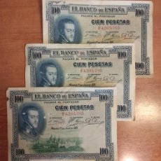 Billetes españoles: 3 BILLETES DE 100 PESETAS CORRELATIVOS. SERIE F. FELIPE II. 1925. ESTADO COMO SE VE EN LA IMAGEN.