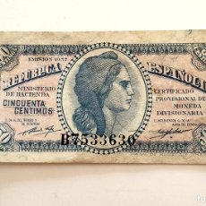 Billetes españoles: BILLETE DE 50 CÉNTIMOS DE 1937. SERIE B. ESTADO COMO SE VE EN LAS IMÁGENES. #3