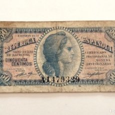 Billetes españoles: BILLETE DE 50 CÉNTIMOS DE 1937. SERIE A. ESTADO COMO SE VE EN LAS IMÁGENES. #1