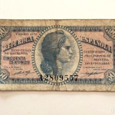 Billetes españoles: BILLETE DE 50 CÉNTIMOS DE 1937. SERIE A. ESTADO COMO SE VE EN LAS IMÁGENES. #2