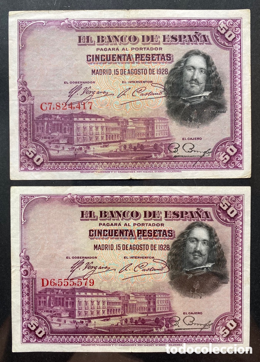 Billetes espa&ntilde;oles: Pareja de billetes de 50 pesetas 1928 (Vel&aacute;zquez). Serie C y D.