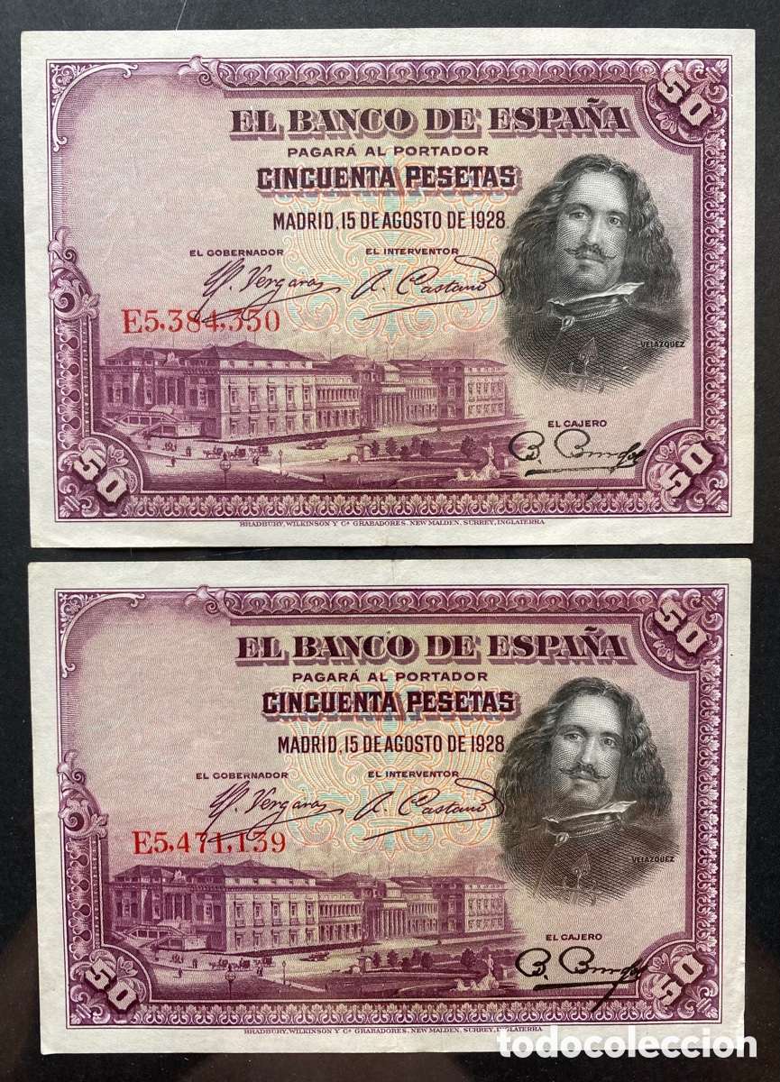 Billetes espa&ntilde;oles: Pareja de billetes de 50 pesetas 1928 (Vel&aacute;zquez). Serie E.