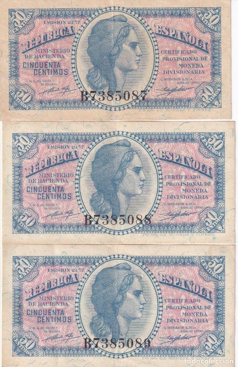 Notas espanholas: TRIO CORRELATIVO DE 50 CENTIMOS DEL A&Ntilde;O 1937 SERIE B - REPUBLICA ESPA&Ntilde;OLA