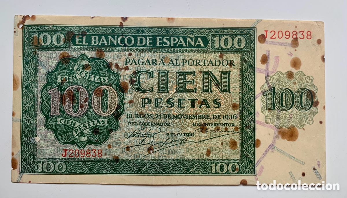 Spanish Banknotes: Billete 100 Pesetas 1936. Manchas. Burgos
