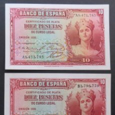 Billetes españoles: CONJUNTO DE 2 BILLETES DE 10 PESETAS 1935. CERTIFICADO DE PLATA. SERIES A Y B. SIN CIRCULAR.