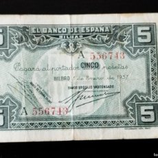Billetes españoles: BILLETE: 5 PESETAS 1937, BANCO DE ESPAÑA / BILBAO - BANCO URQUIJO VASCONGADO