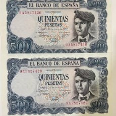 Billetes españoles: PAREJA CORRELATIVA 500 MADRID 23 JULIO 1971 SERIE:ESPECIAL, A9