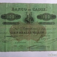Billetes españoles: BANCO DE CADIZ - 100 REALES DE VELLON - S.XIX - N°070888