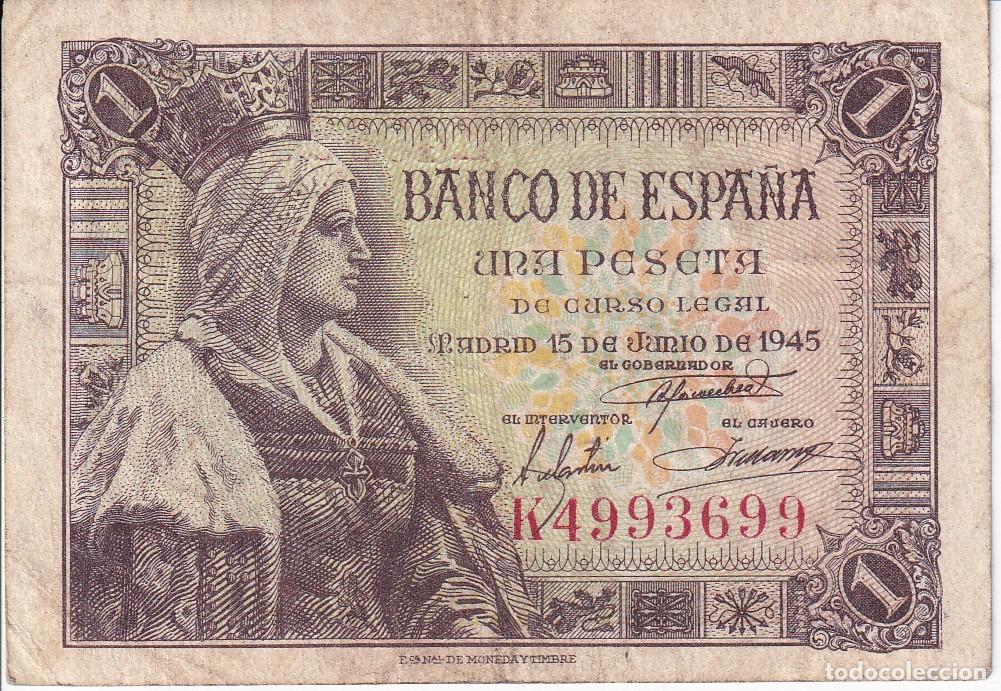 Billetes espa&ntilde;oles: BILLETE DE 1 PESETA DEL A&Ntilde;O 1945 DE ISABEL LA CATOLICA DE LA SERIE K