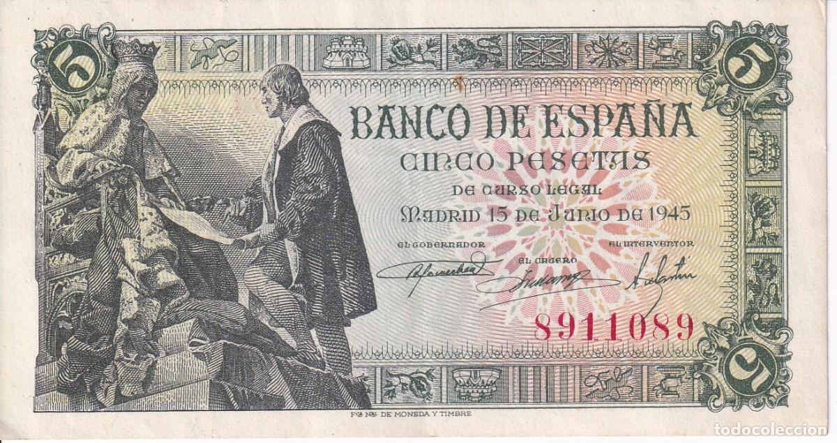 Billetes espa&ntilde;oles: BILLETE DE 5 PESETAS DEL A&Ntilde;O 1945 DE ISABEL LA CATOLICA Y CRISTOBAL COLON SIN SERIE