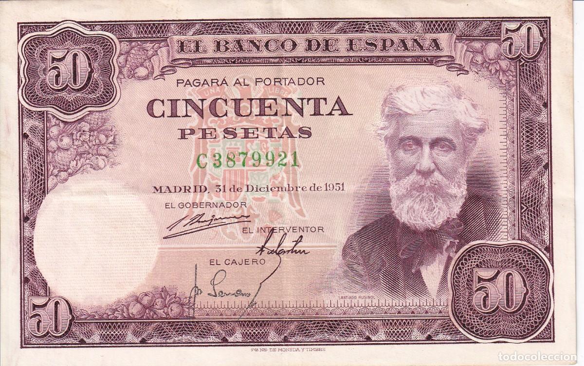 Billetes espa&ntilde;oles: BILLETE DE 50 PESETAS DEL A&Ntilde;O 1951 DE SANTIAGO RUSI&Ntilde;OL SERIE C EN BUENA CALIDAD