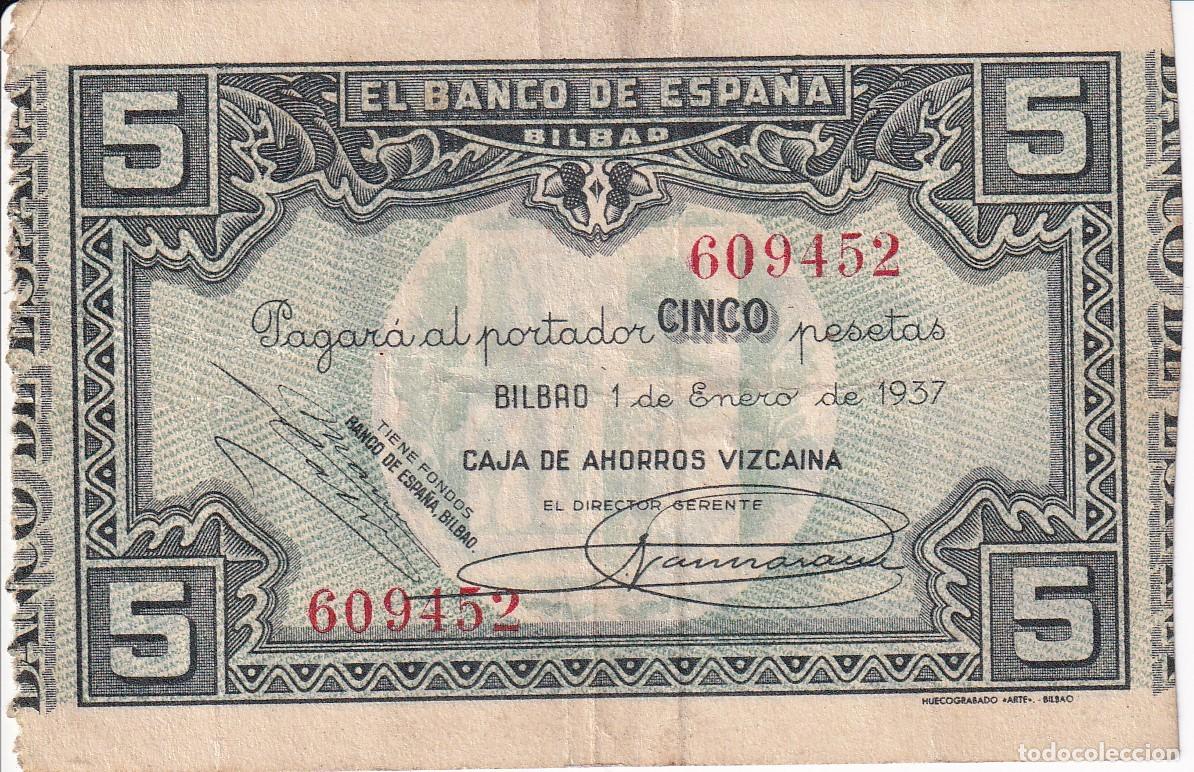 Billetes espa&ntilde;oles: BILLETE DE 5 PESETAS DEL BANCO DE ESPA&Ntilde;A-BILBAO DEL A&Ntilde;O 1937 (CAJA AHORROS VIZCAINA)