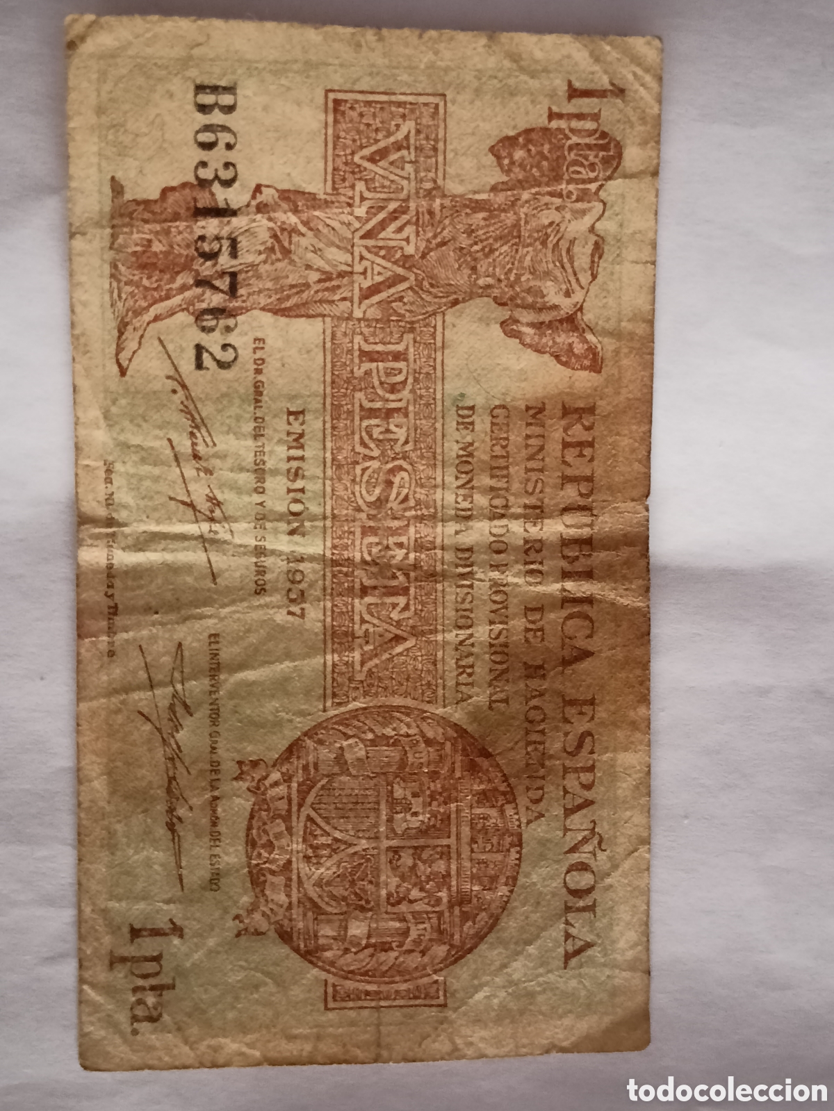 Banconote spagnole: Billete 1 peseta emision 1937 serie B. Republica Espa&ntilde;ola