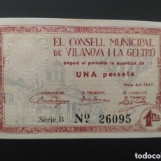 Billetes españoles: 1 PESETA DE 1937......CONSEJO MUNICIPAL DE VILANOVA I LA GELTRU....DIN CIRCULAR...ES EL DE LAS FOTOS