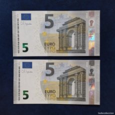 Billetes españoles: PAREJA RADAR2 BILLETES 5 EUROS ESPAÑA V014D5 VB9999 LAGARDE SIN CIRCULAR