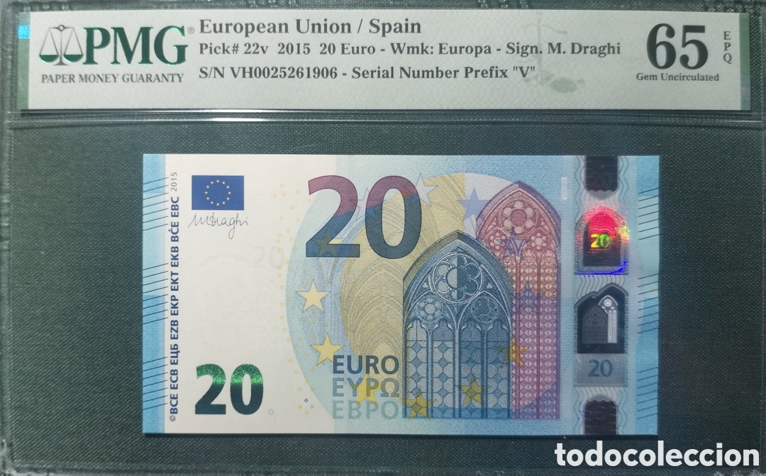 Spanish Banknotes: 20 EURO V003B5 VH TEST NOTE 2015 ESPA&Ntilde;A DRAGHI SIN CIRCULAR PLANCHA PMG 65 EPQ