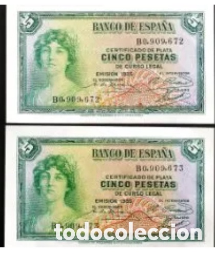 Billetes espa&ntilde;oles: Spain-Il Republica. Pareja 5 Pesetas. 1935. Serie B. SC Plancha Lujo