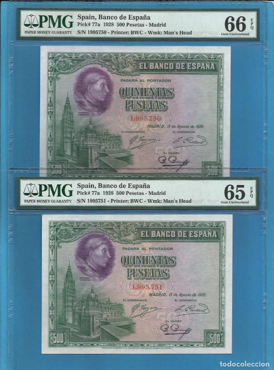 Billetes espa&ntilde;oles: ESPA&Ntilde;A-BILLETE- 500 PESETAS 1928 PAREJA PMG 66-65 ( T168 )