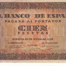 Billetes españoles: BILLETE BANCO DE ESPAÑA BURGOS: 100 PESETAS 1938 - SERIE A / EXCELENTE CONSERVACION