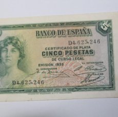 Billetes españoles: BILLETE DE 5 PESETAS REPUBLICA ESPAÑOLA EMISIÓN 1935 CON SERIE D EN EBC+