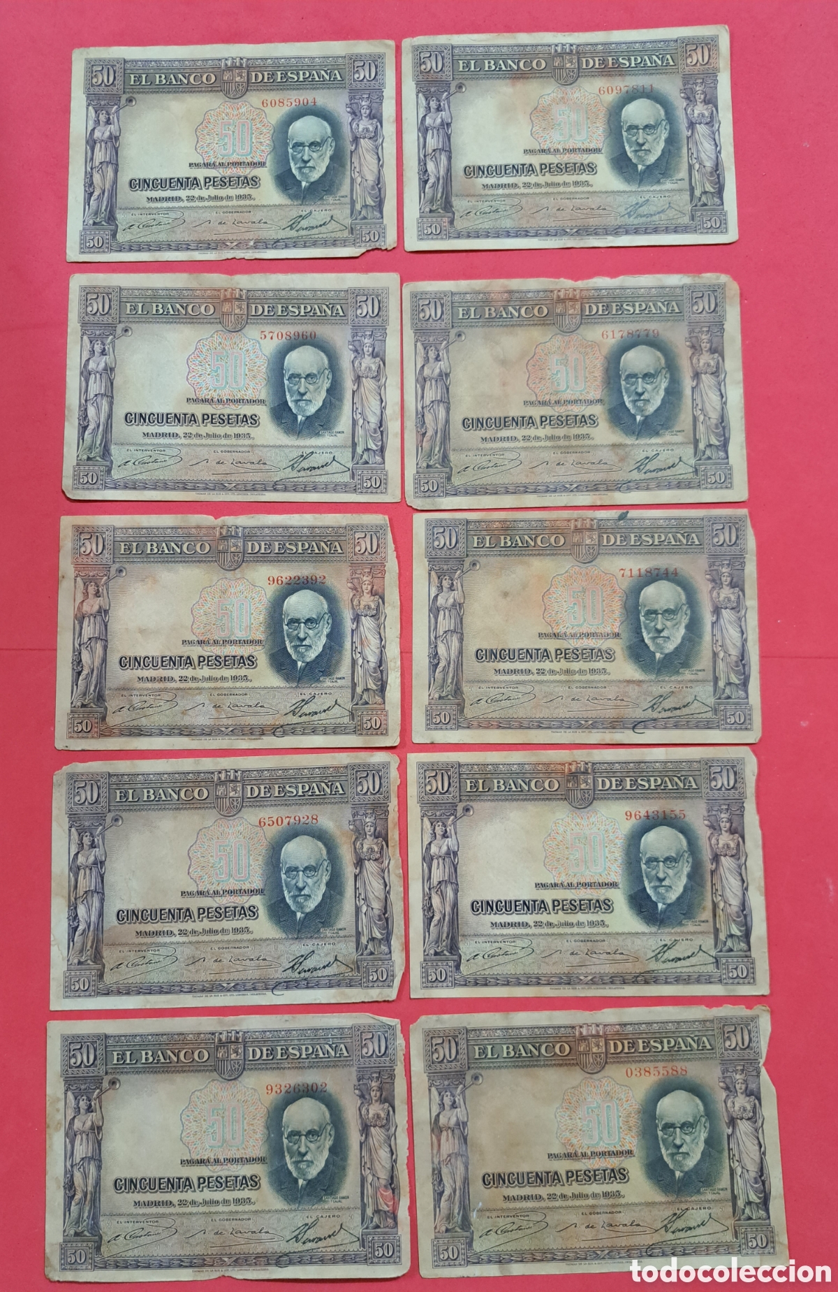Billetes espa&ntilde;oles: 10 billetes de 50 pesetas de 1935 Ramon y Cajal