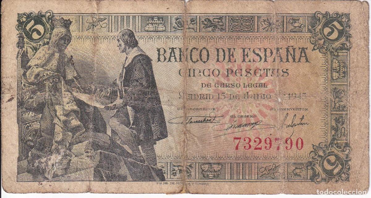 Billetes espa&ntilde;oles: BILLETE DE 5 PESETAS DEL A&Ntilde;O 1945 DE ISABEL LA CATOLICA Y CRISTOBAL COLON SIN SERIE