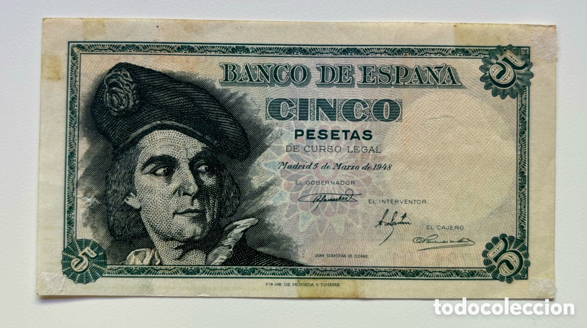 Billetes espa&ntilde;oles: Billete 5 Pesetas 1948 SIN SERIE. Elcano