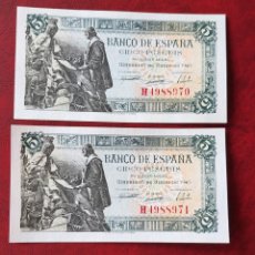 Billetes españoles: PAREJA CORRELATIVA DE 5 PESETAS DE 1945 FALSOS DE EPOCA SIN CIRCULAR