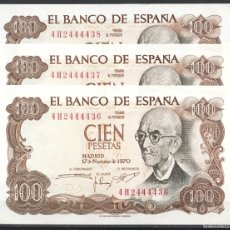 Billetes españoles: ESPAÑA, BILLETE, MANUEL DE FALLA, VALOR: 100 PESETAS, 1970, SERIE: 4 H, TRIO CORRELATIVO