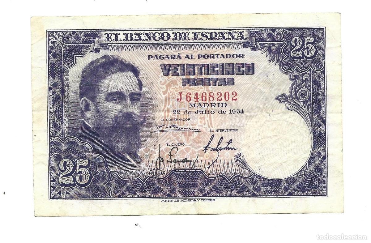 Notas espanholas: 25 PESETAS- 22 DE JULIO DE 1954-SERIE J