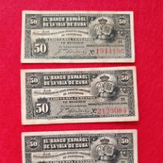 Billetes españoles: LOTE DE 3 BILLETES DE 50 CENTAVOS 1896 DEL BANCO ESPAÑOL DE LA ISLA DE CUBA. MUY BUEN ESTADO