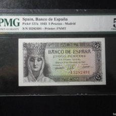 Billetes españoles: BILLETE 5 PESETAS 1943. SERIE I. S/C. ENCAPSULADO PMG58.