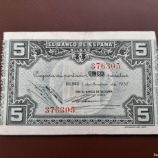 Banconote spagnole: 5 PESETAS 1937, BILBAO, MBC+, SIN SERIE