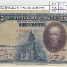 Billetes españoles: BILLETE ESPAÑA 25 PESETAS 1928 SIN SERIE P-74A MBC