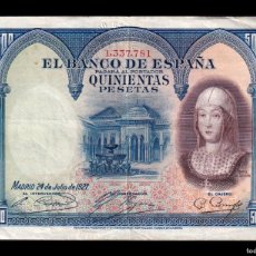 Billetes españoles: ESPAÑA 500 PESETAS ISABEL LA CATÓLICA 1927 PICK 73B CON SELLO MBC/+ VF/+
