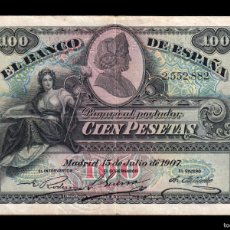 Billetes españoles: ESPAÑA 100 PESETAS ALEGORÍAS 1907 PICK 64B CON DOBLE SELLO MBC VF